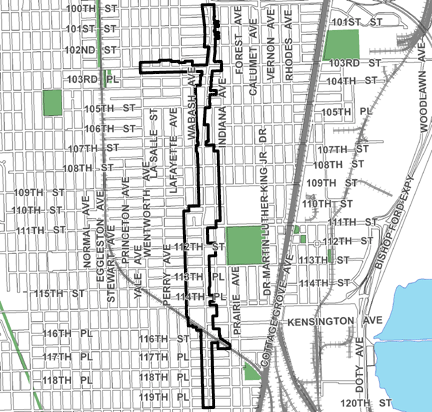 Roseland/Michigan TIF district, roughly bounded on the north by 100th Street, 120th Street on the south, Indiana Avenue on the east, and Wentworth Avenue on the west.
